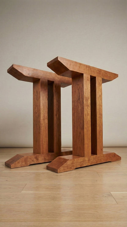 Geminis handcrafted table base in Cherry – pair shown – Artisan & Sons