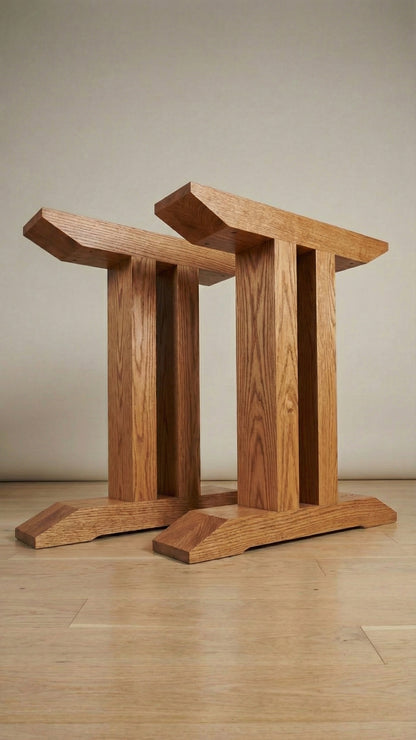 Geminis handcrafted table base in Red Oak – pair shown – Artisan & Sons