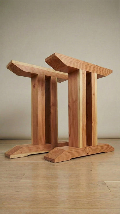 Geminis handcrafted table base in Red Oak – pair shown – Artisan & Sons