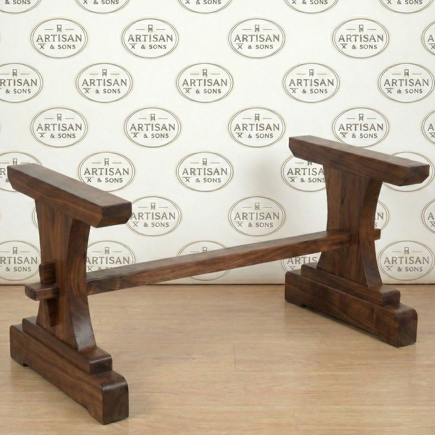 The Heritage solid wood trestle coffee table base mission style, white background product shot – Artisan & Sons
